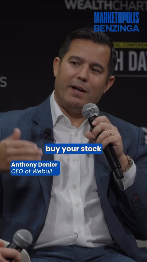 Instagram post by @benzinga for Webull. Caption reads: When Webull customers also buy Webull stock, CEO....