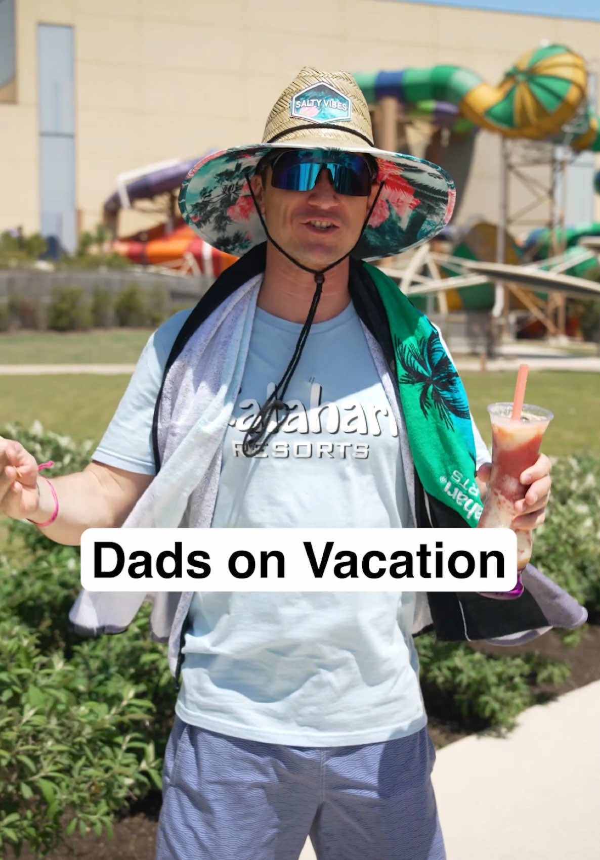 TikTok post by @dudedad for Kalahari Resorts. Caption reads: Some people relax on vacation. I ride artificial....