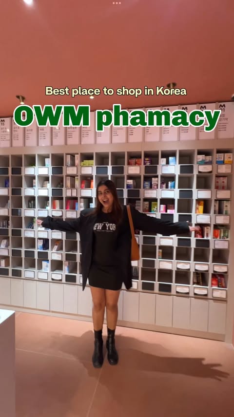 Instagram post by @ariluxbloom for OWM Pharm. Caption reads: ✨ Your Korean wellness & beauty stop in Myeongdong....