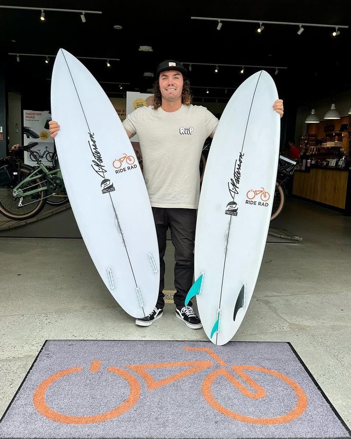 Instagram post by @timmymissions for Rad Power Bikes. Caption reads: Super stoked to welcome local legend & big wave....