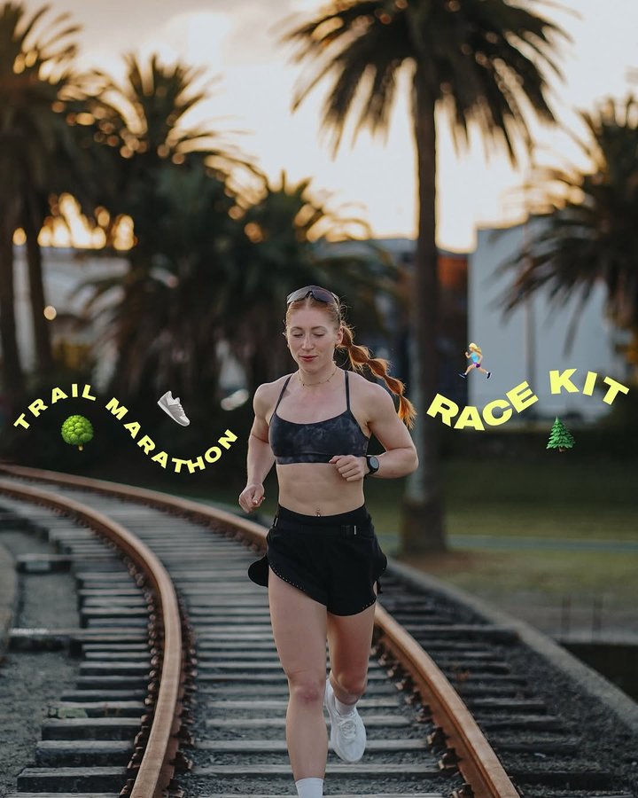 Instagram post by @julia.reppel for foodspring. Caption reads: Ad/Anzeige | First Light Marathon race kit 🇳🇿....