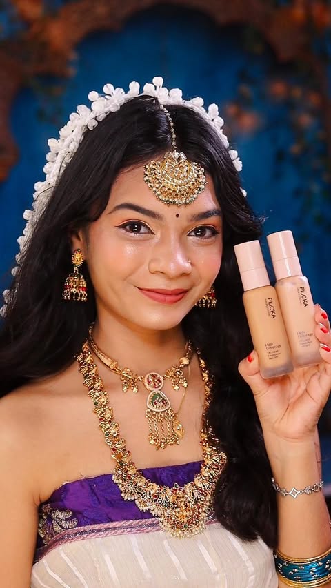 Instagram post by @barnali_roy327 for Flicka Cosmetics. Caption reads: Best Dewy Foundation @flickacosmetics 🤌🏻🩵✨ . My....