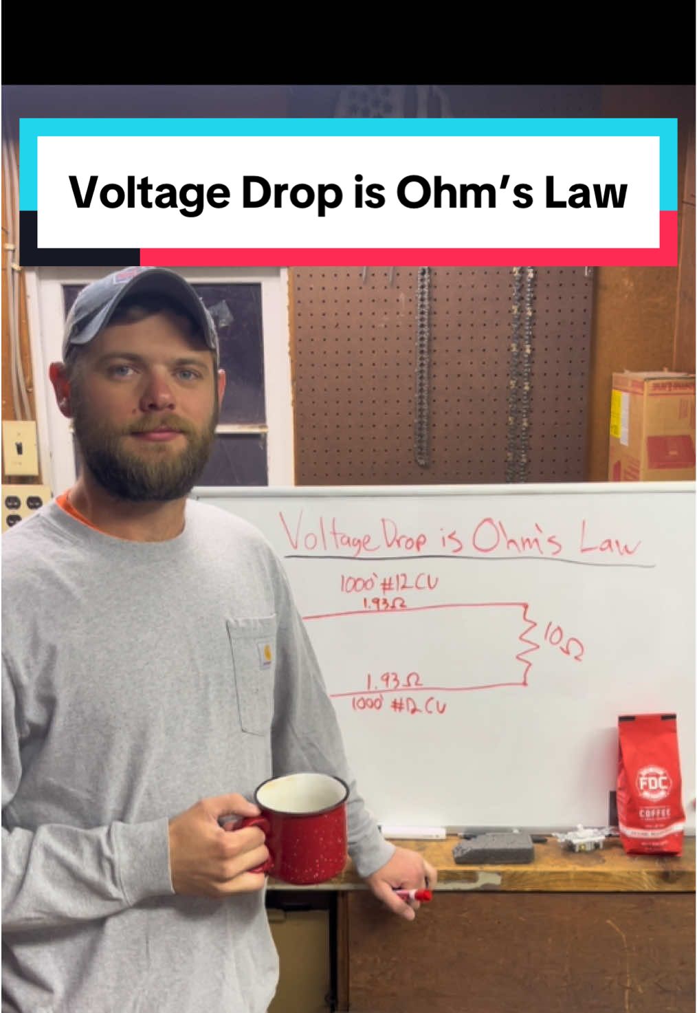 TikTok post by @caffeinated.electrician for Fire Dept. Coffee. Caption reads: Voltage Drop is Ohm’s Law in action! Here’s an....