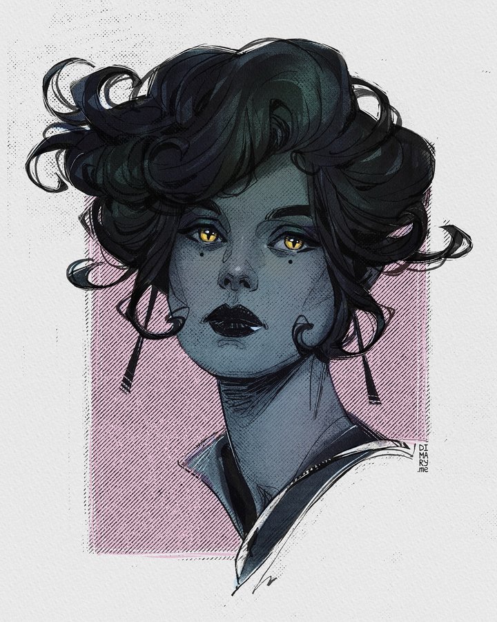 Instagram post by @mary_dimary for Procreate. Caption reads: Snake Maiden 💛 back to this little piece from a....