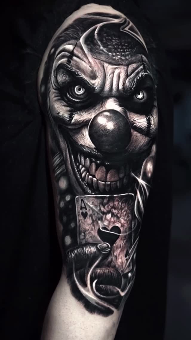Instagram post by @albertquintero_art for World Famous Tattoo Ink. Caption reads: “A dark realism full of strength: a clown with a....