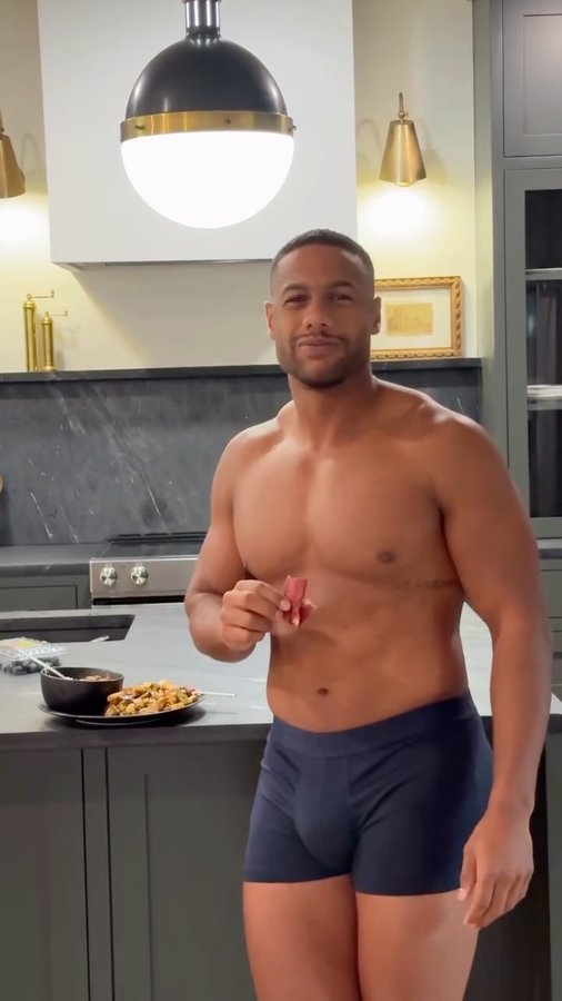 Instagram post by @_amirlancaster_ for SAXX Underwear. Caption reads: Whipped up breakfast in beddfor Natalie… still in....