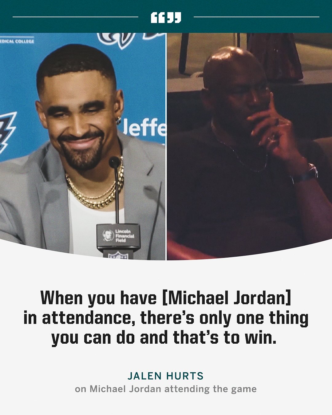 Instagram post by @adamschefter for Philadelphia Eagles. Caption reads: Jalen Hurts had to bring out the Michael Jordan....