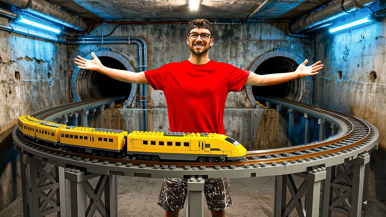 YouTube post by @MolteniMichele for Revolut. Caption reads: I BUILT THE LEGO TRAIN INSIDE THE MEGA BUNKER....
