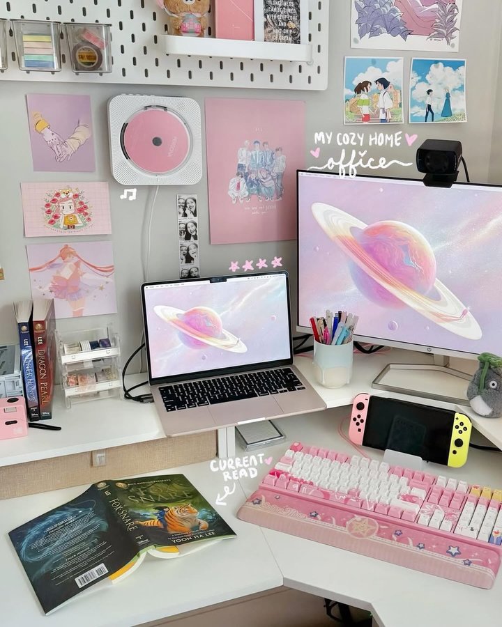 Instagram post by @monicakim.jpg for Read Riordan. Caption reads: a little look at my cozy desk space ft Fox Snare....