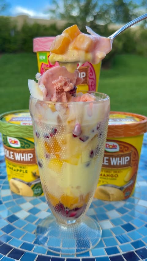 Instagram post by @explorewithgg for Dole Packaged Foods. Caption reads: 🥭 5 minute tropical dessert 🍍 #ad I found Dole....