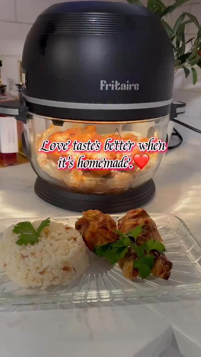 Instagram post by @angel_homefinds for Fritaire. Caption reads: [...] ❤️ And watching it cook in the Fritaire....