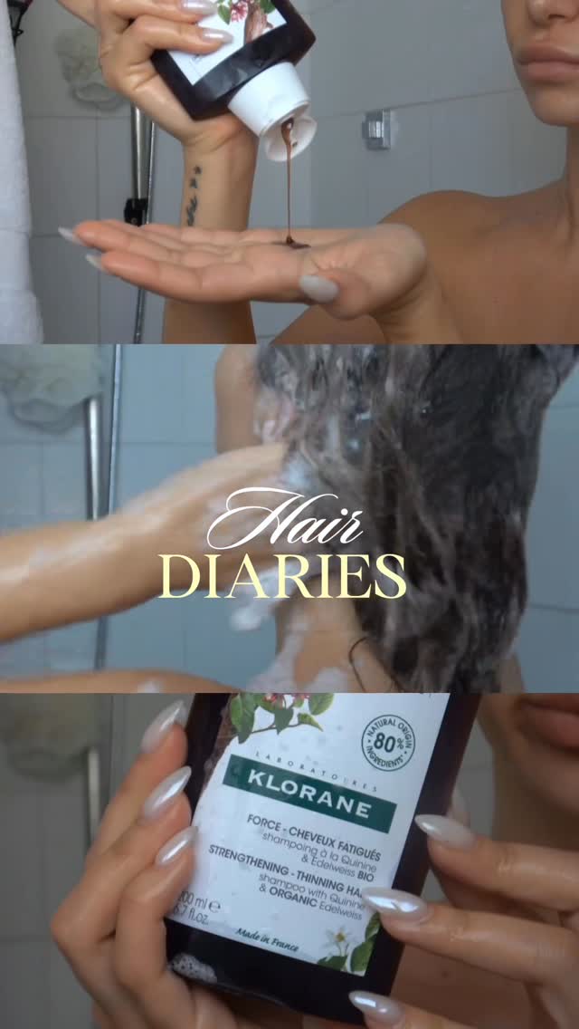 Instagram post by @bellavarelis for Klorane. Caption reads: Stronger, fuller, healthier hair stats at the....