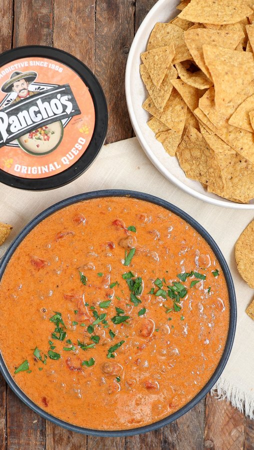 Instagram post by an influencer for Pancho's Cheese Dip. Caption reads: Easy Beef Queso #ad I’ve partnered with....