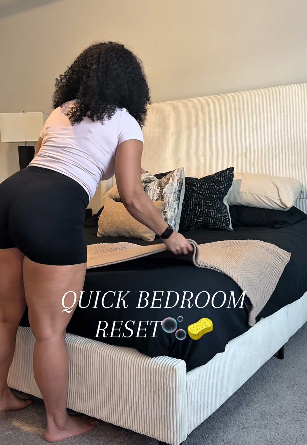 TikTok post by @hernamesmariah for Wayfair. Caption reads: quick bedroom reset🧺🫧🧽 my closet stressed me....