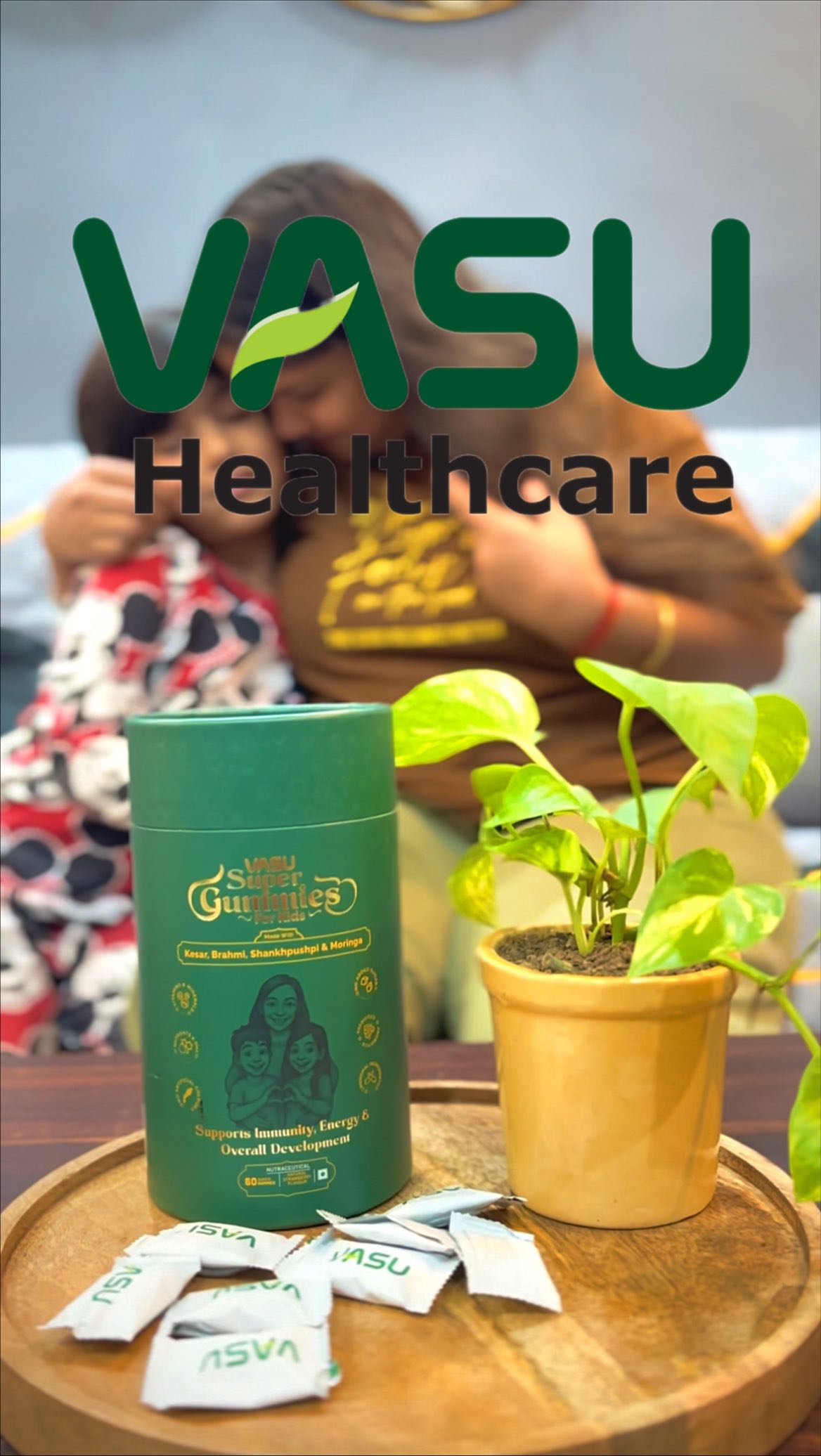 Instagram post by @advik__lavish for Vasu Healthcare. Caption reads: Healthy kids, happy moms! 💚
Vasu Super Gummies –....