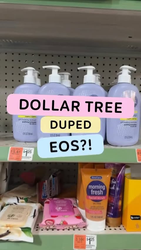 Instagram post by @dollartreedollie for Dollar Tree. Caption reads: DOLLAR TREE $1 EOS LOTION?! 
just when i thought i....