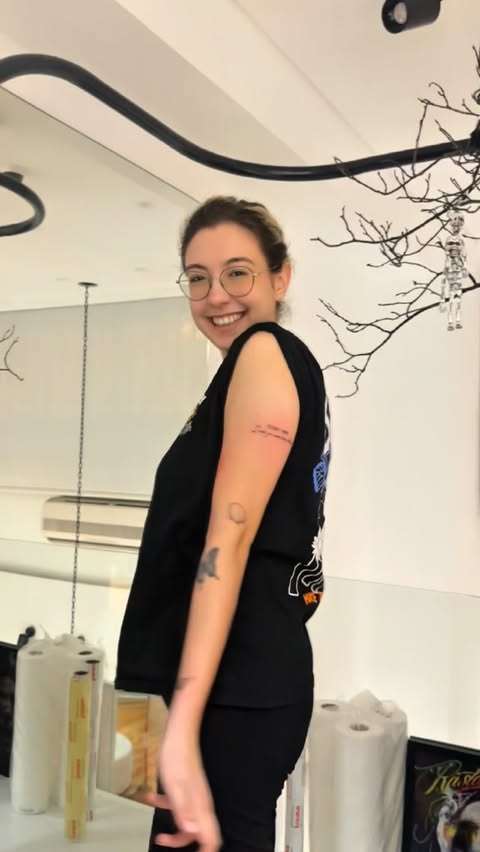 Instagram post by @nancy.amhaz.tattoos for EMALLA OFFICIAL. Caption reads: I’m against using numbing cream 😁….just joking....