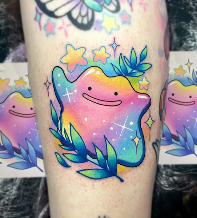 Instagram post by @deadpan_anne_tattoo for Barber DTS Tattoo Supplies. Caption reads: 💜Ditto💜 Ahh I’m so glad I got to tattoo this....