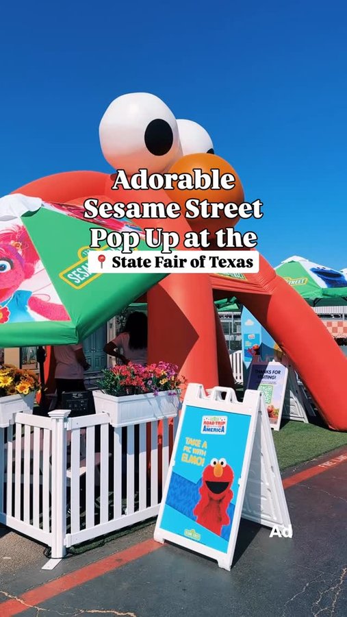 Instagram post by @dallasfunfam for Sesame Street. Caption reads: 🌟 ADORABLE SESAME STREET POP-UP AT THE STATE FAIR....