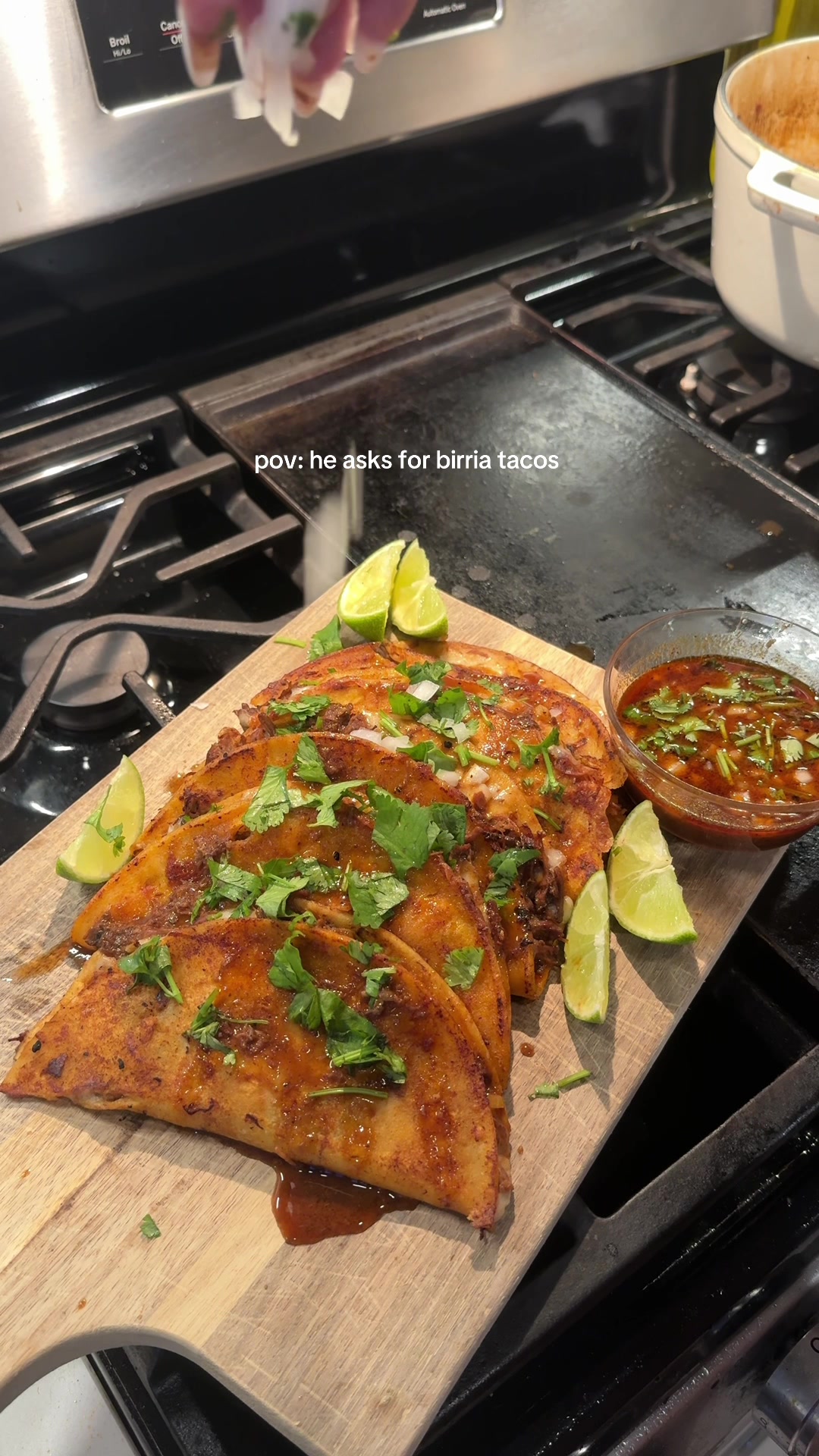 TikTok post by @tastybitesbyb for EZ Bombs. Caption reads: Birria Tacos using Oaxaca cheese and the viral....