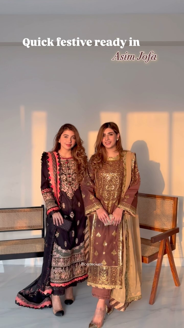 Instagram post by @blooseclues for Asim Jofa. Caption reads: Flawless. Fearless. Festive. 💃 Asim Jofa outfits....