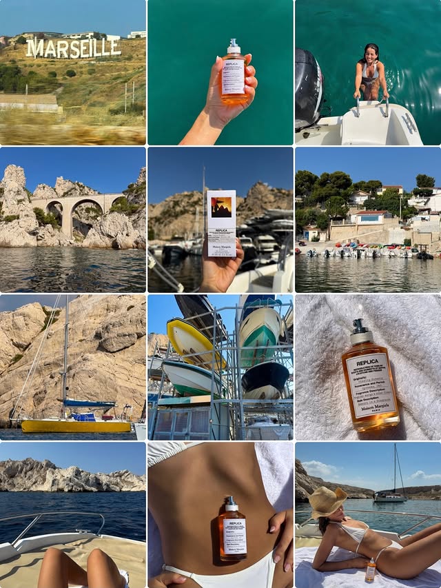 Instagram post by @brunabear for Maison Margiela Fragrances. Caption reads: [...] the sea and the sunset.....