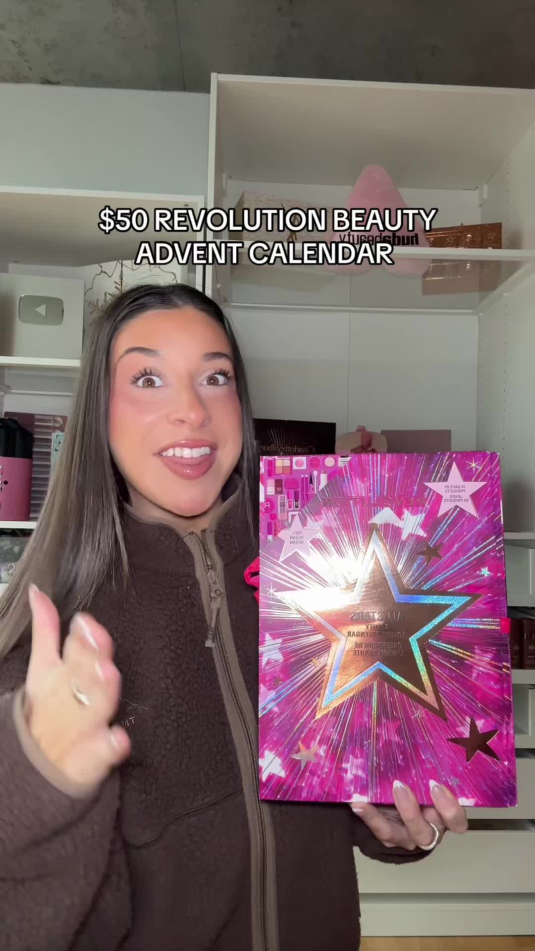 TikTok post by @allierosss for Makeup Revolution. Caption reads: $50 @Makeup Revolution ADVENT CALENDAR?!?!....