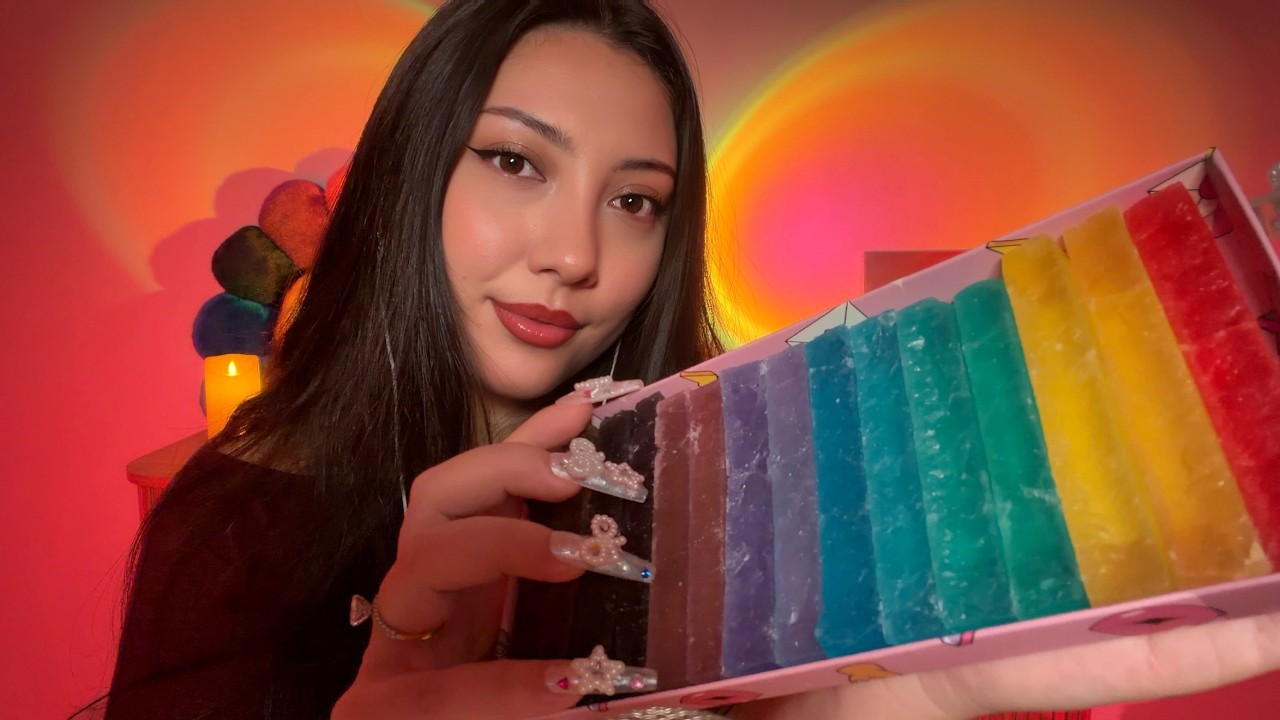 YouTube post by @ASMRJADE for The Oodie. Caption reads: ASMR eating edible crystal candy (kohakutou) ☆....