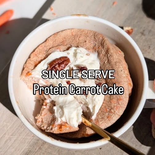 Instagram post by @hayls.kitchen for The Chalkboard Mag. Caption reads: SINGLE SERVE 𝗣𝗿𝗼𝘁𝗲𝗶𝗻 𝗖𝗮𝗿𝗿𝗼𝘁 𝗖𝗮𝗸𝗲....