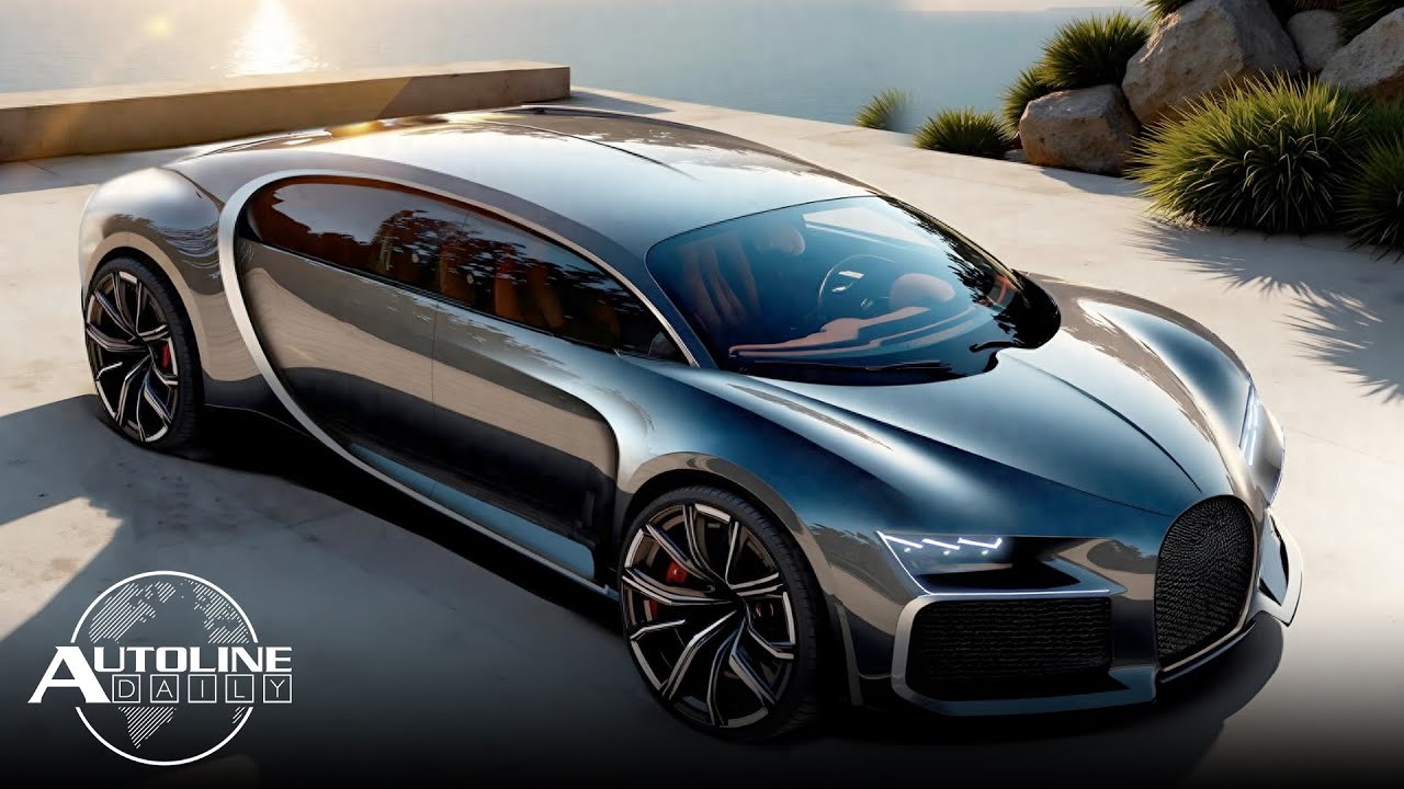 YouTube post by @AutolineDetroit for Ferrari. Caption reads: Chinese Company Blatantly Rips Off Bugatti; PHEVs....