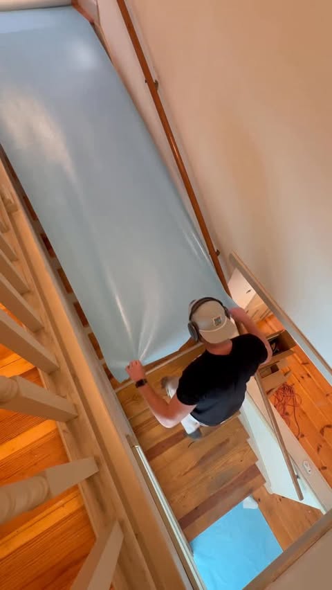 Instagram post by @moosepainting for Sherwin-Williams. Caption reads: Covering & Protecting Stairs Quickly and....