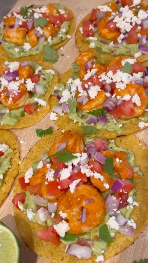 Instagram post by @isdinner_ready for ORTEGA. Caption reads: ‼️Shrimp Tostadas‼️ Using @ortegataco tostada....