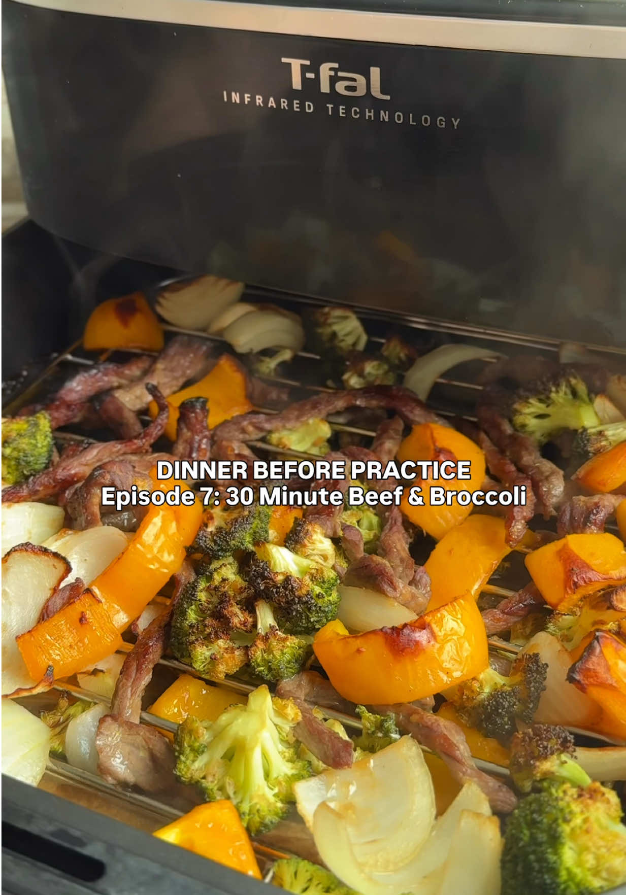 TikTok post by @thecookingmawma for T-fal USA. Caption reads: [...] features my Beef & Broccoli made in my....