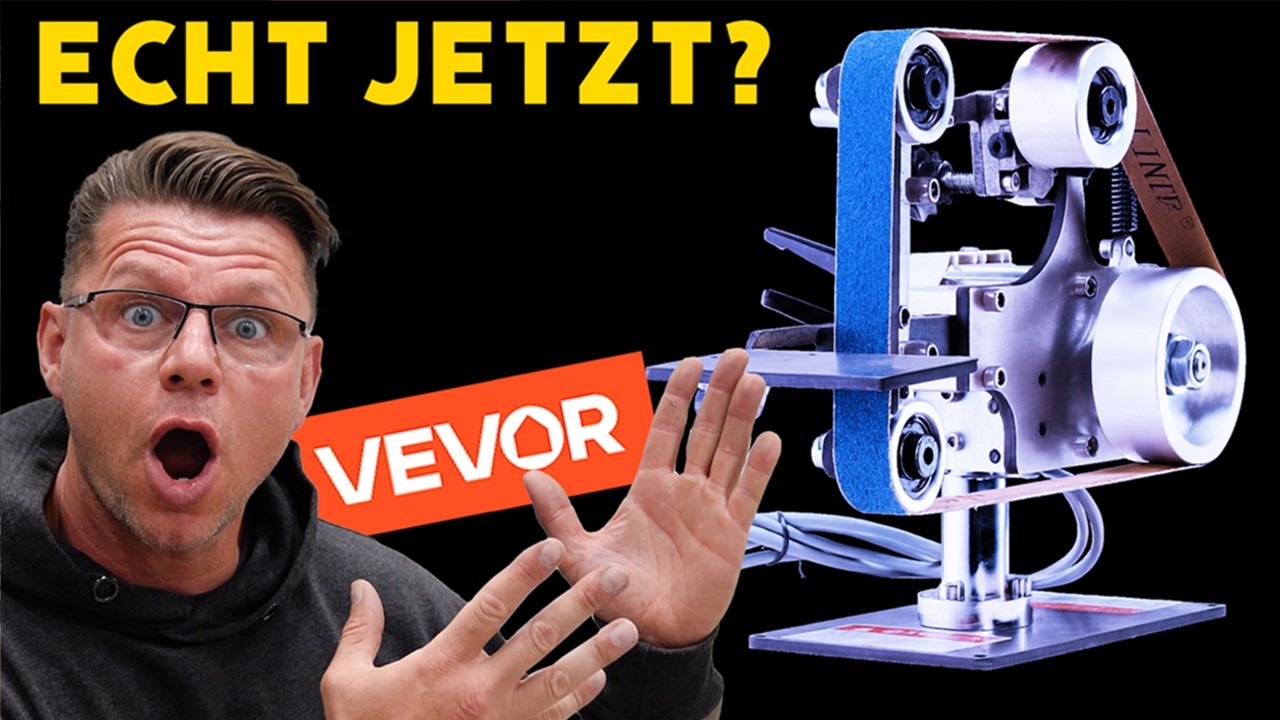 YouTube post by @igor_welder for VEVOR. Caption reads: How good is the cheapest belt sander online?! 😱....