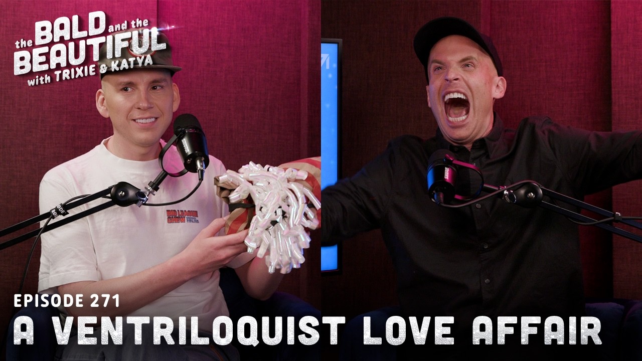 YouTube post by @katyaandtrixie for DeleteMe. Caption reads: A Ventriloquist Love Affair with Trixie and Katya....