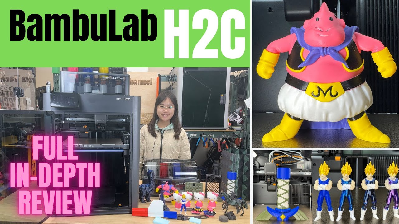 YouTube post by @AuroraTech for Thingiverse. Caption reads: BambuLab H2C Full In-Depth Review: Extensive Tests....