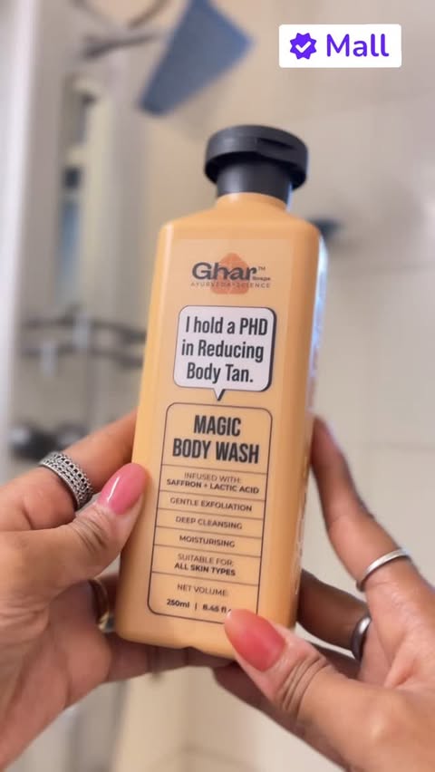 Instagram post by @realananyadubey for GHAR SOAPS. Caption reads: Tan aur dullness ke liye Magic De-Tan Body Wash....