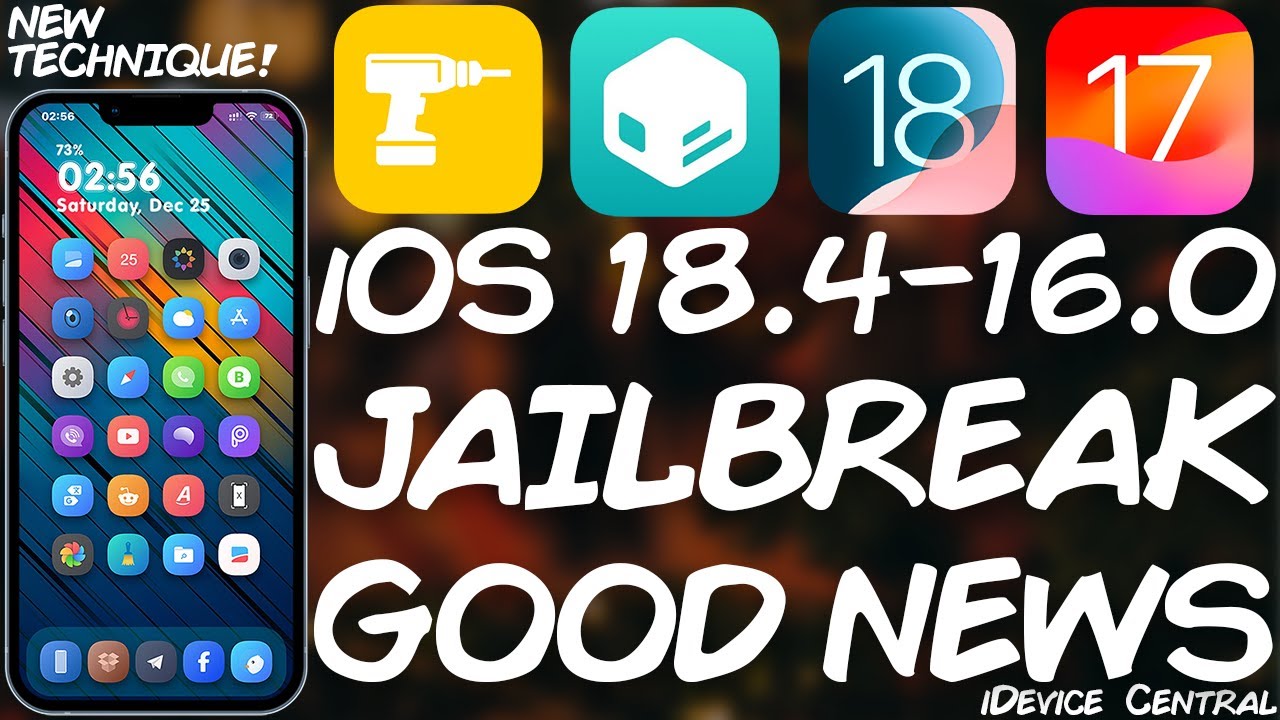 YouTube post by @idevicecentral for Unsplash. Caption reads: iOS 18.4 - 17.0 GREAT JAILBREAK For All Devices:....