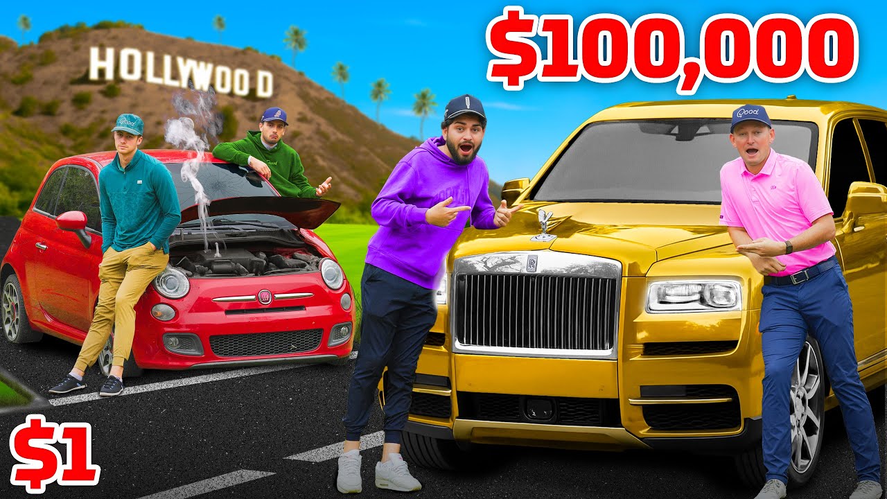 YouTube post by @GoodGood for Good Good Golf. Caption reads: $1 vs $100,000 Golf Road Trip.