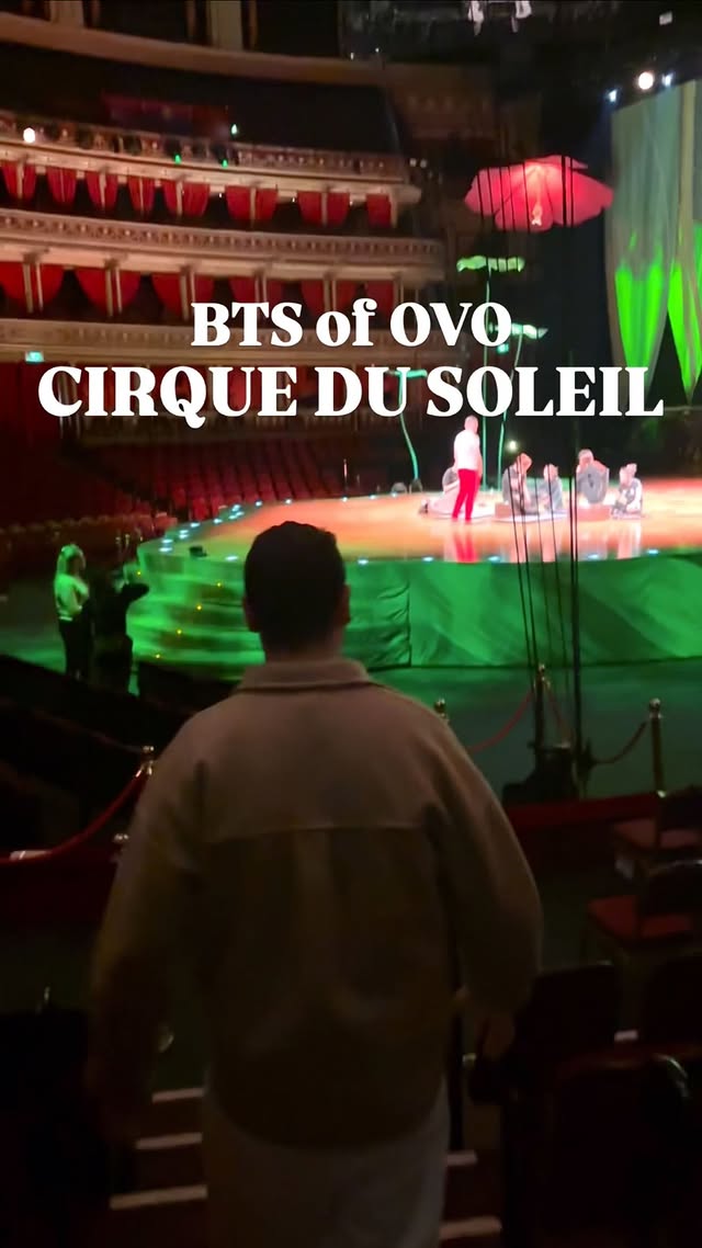 Instagram post by @lostinsamuel for Cirque du Soleil. Caption reads: 🎪 BTS of OVO by Cirque du Soleil in London ✨....