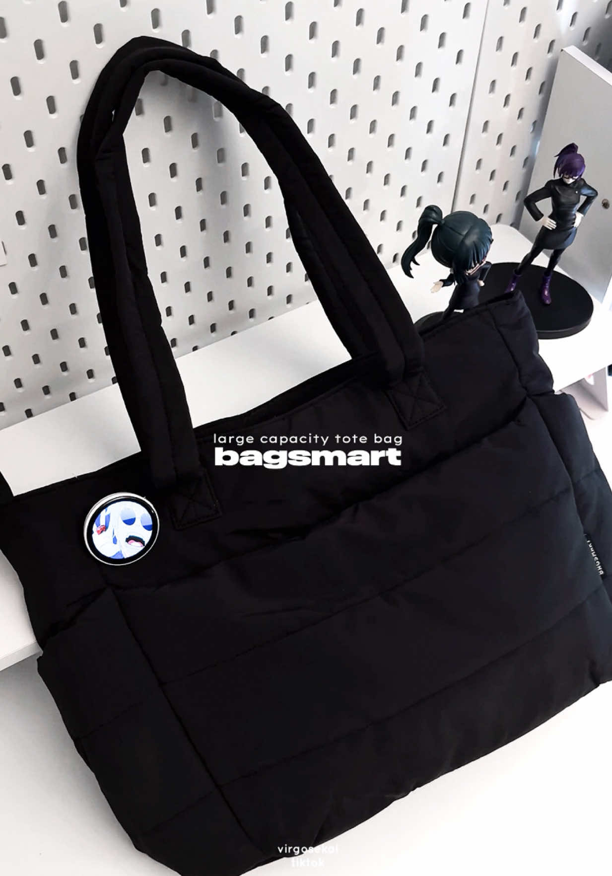 TikTok post by @virgosekai for Bagsmart. Caption reads: new puffer tote bag from @BAGSMART Store — floral....