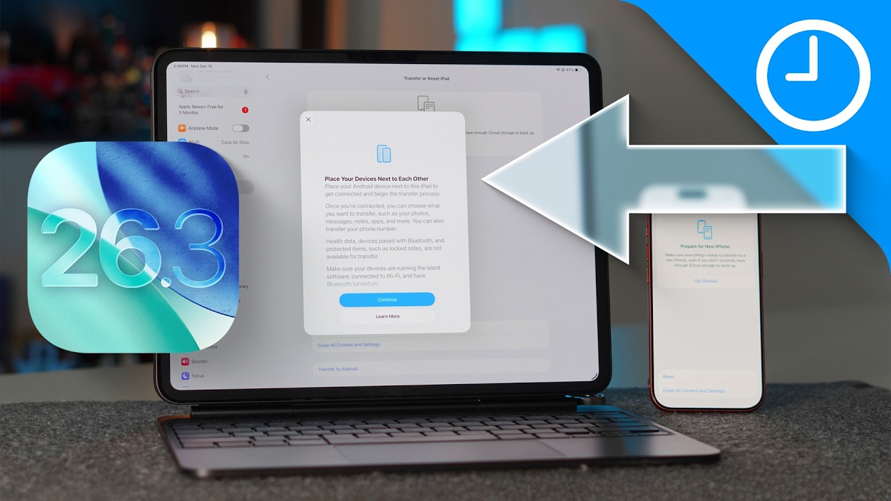 YouTube post by @9to5Mac for KUXIU. Caption reads: iOS & iPadOS 26.3 Beta 1 — I Never Thought Apple....