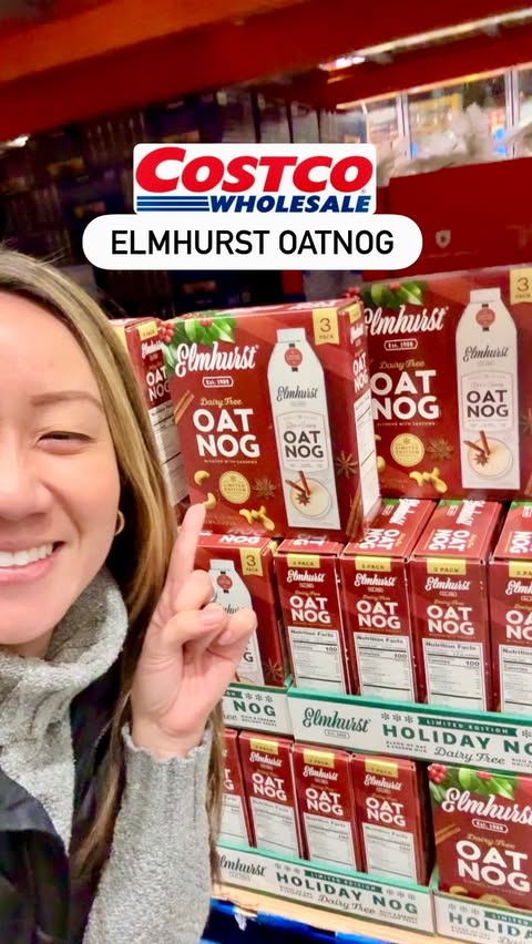 Instagram post by @costcoclaudia for Elmhurst 1925. Caption reads: The new @elmhurst1925 Oat Nog 3-pack just landed....