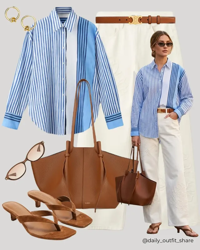 Instagram post by @daily_outfit_share for FARM Rio. Caption reads: Chic summer outfits with striped tops. ☀️ Which....