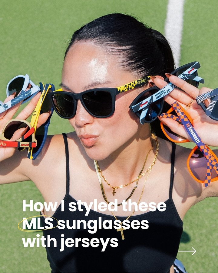 Instagram post by @megreyes_ for Goodr. Caption reads: Swipe and save for outfit inspo! See how I styled....