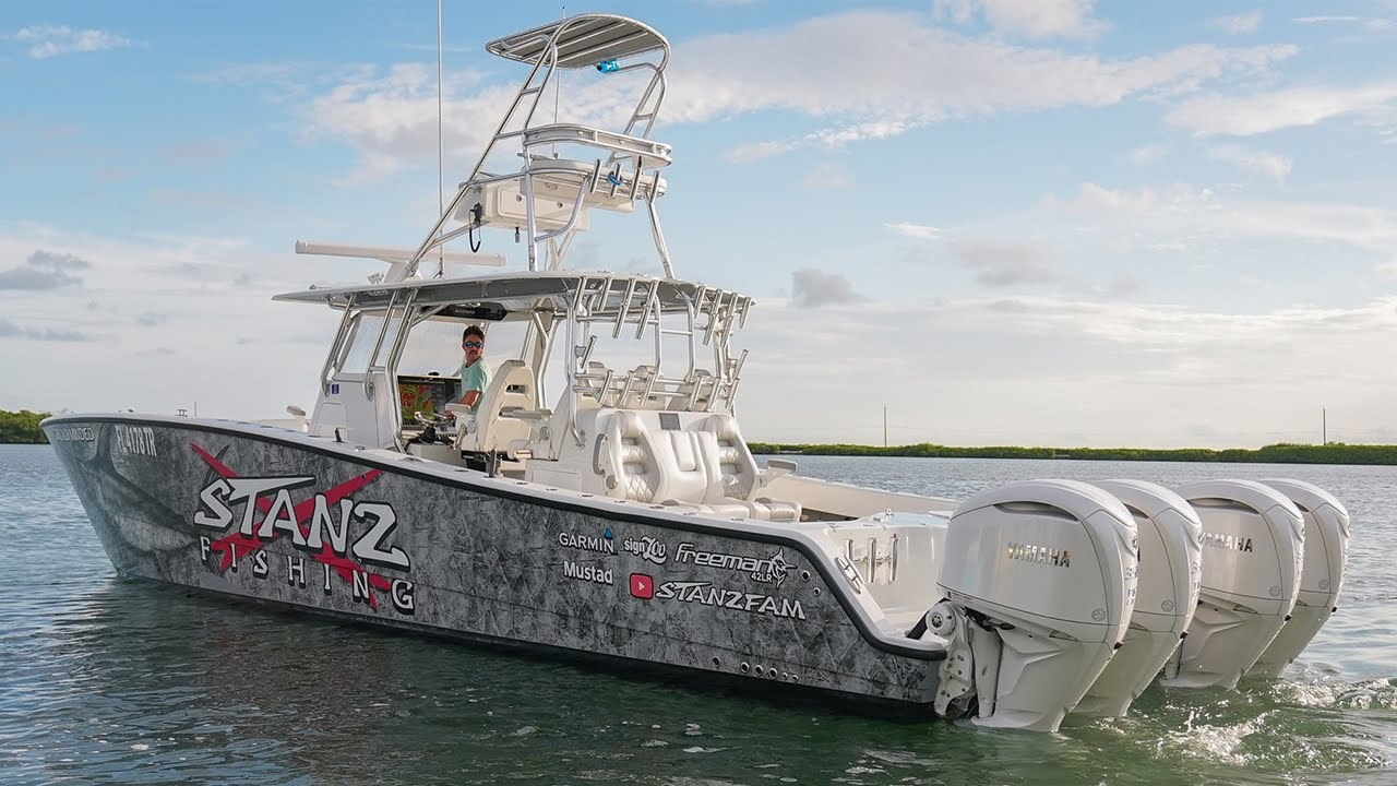 YouTube post by @StanzFam for Mustad Fishing. Caption reads: New QUAD 350 Yamaha Install on 42' Freeman! 1400....
