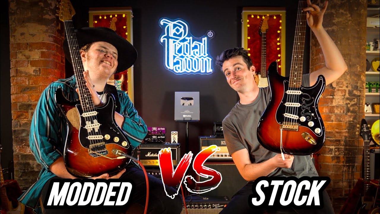 YouTube post by @PedalPawn for Pedal Pawn. Caption reads: Battle of the SRV Strats: Stock vs Modded (With....