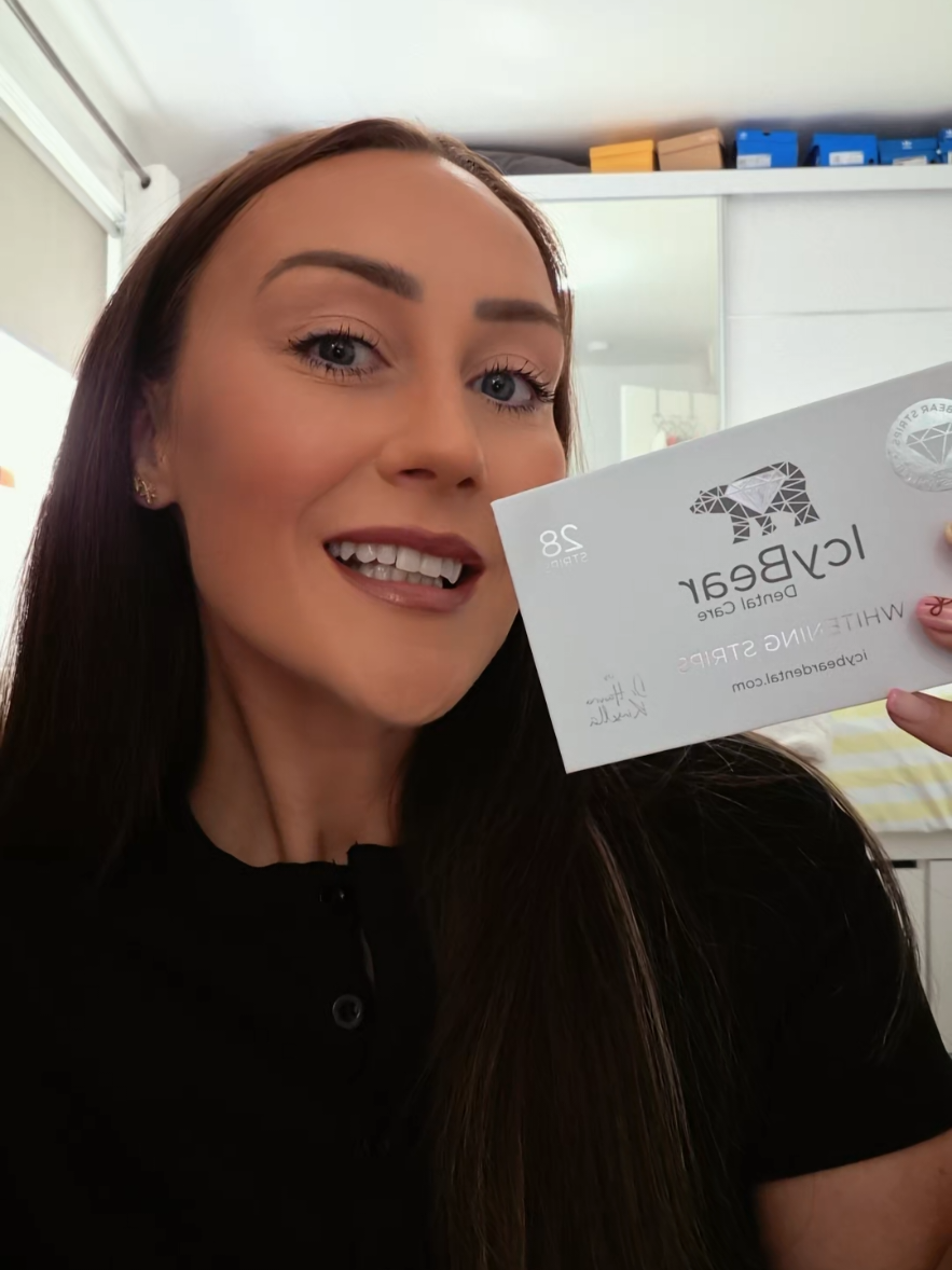 TikTok post by @bystaceytraining for Icy Bear Dental. Caption reads: Update on the teeth whitening, been loving the....