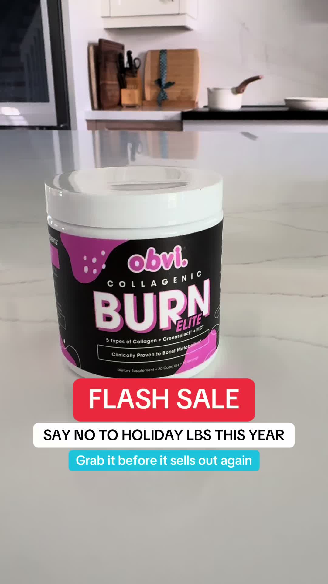 TikTok post by @vanessa_finds for Obvi. Caption reads: [...] supplies run out again. Lock in your @Obvi....