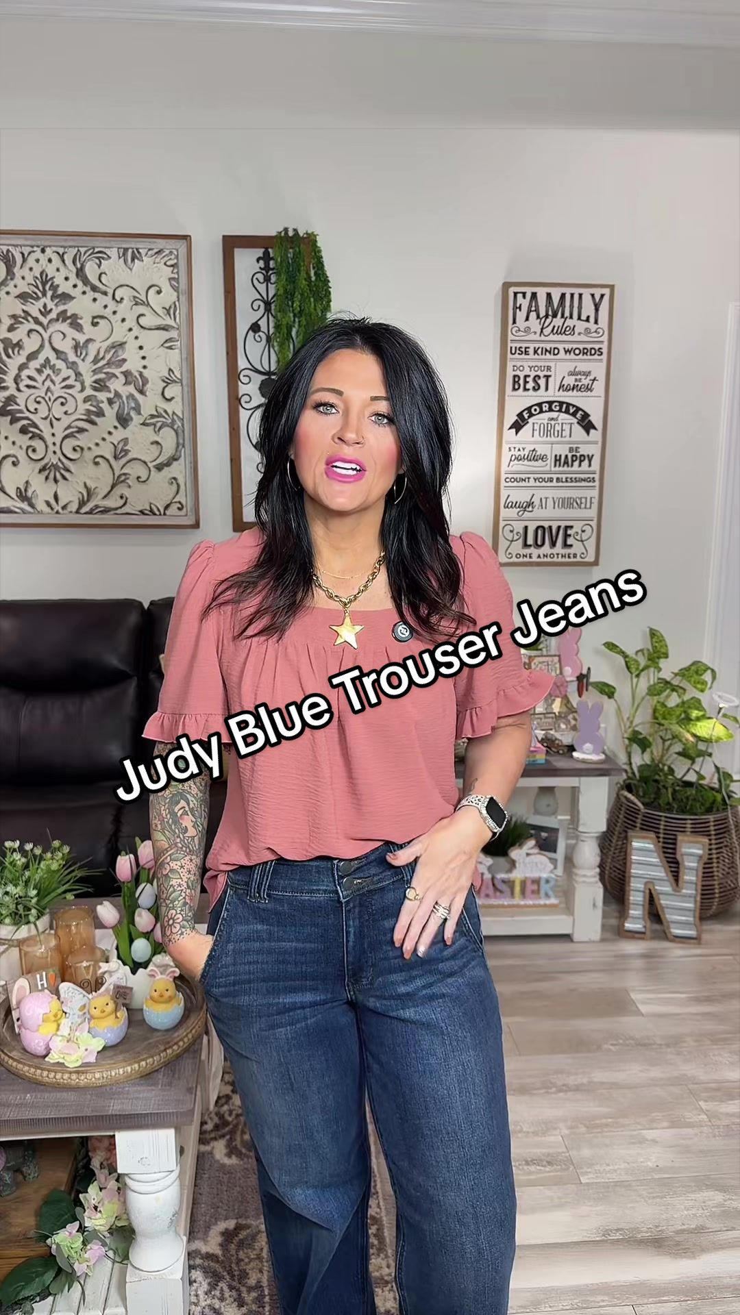 TikTok post by @hannahnappyhair for Emma Lous Boutique. Caption reads: [...] #tiktokshopstockup #casual #denim @Emma Lous....